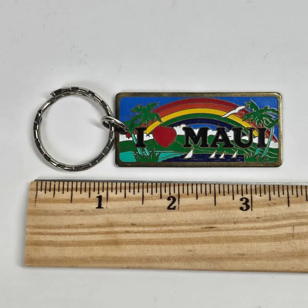 I Heart Maui Vintage Keychain Brass Enamel Hawaii Souvenir 1980s